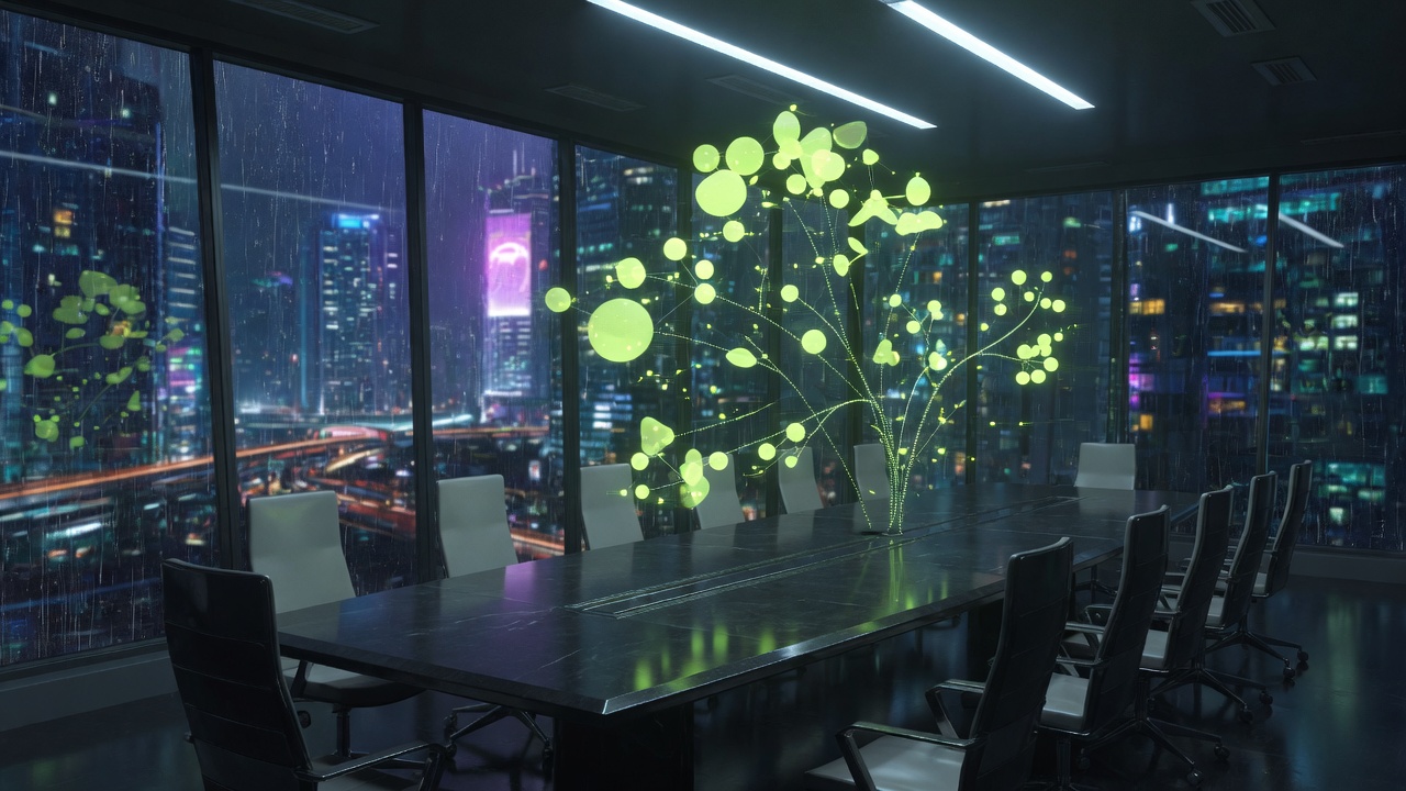 Empty boardroom with a lime holographic org chart above a black stone table