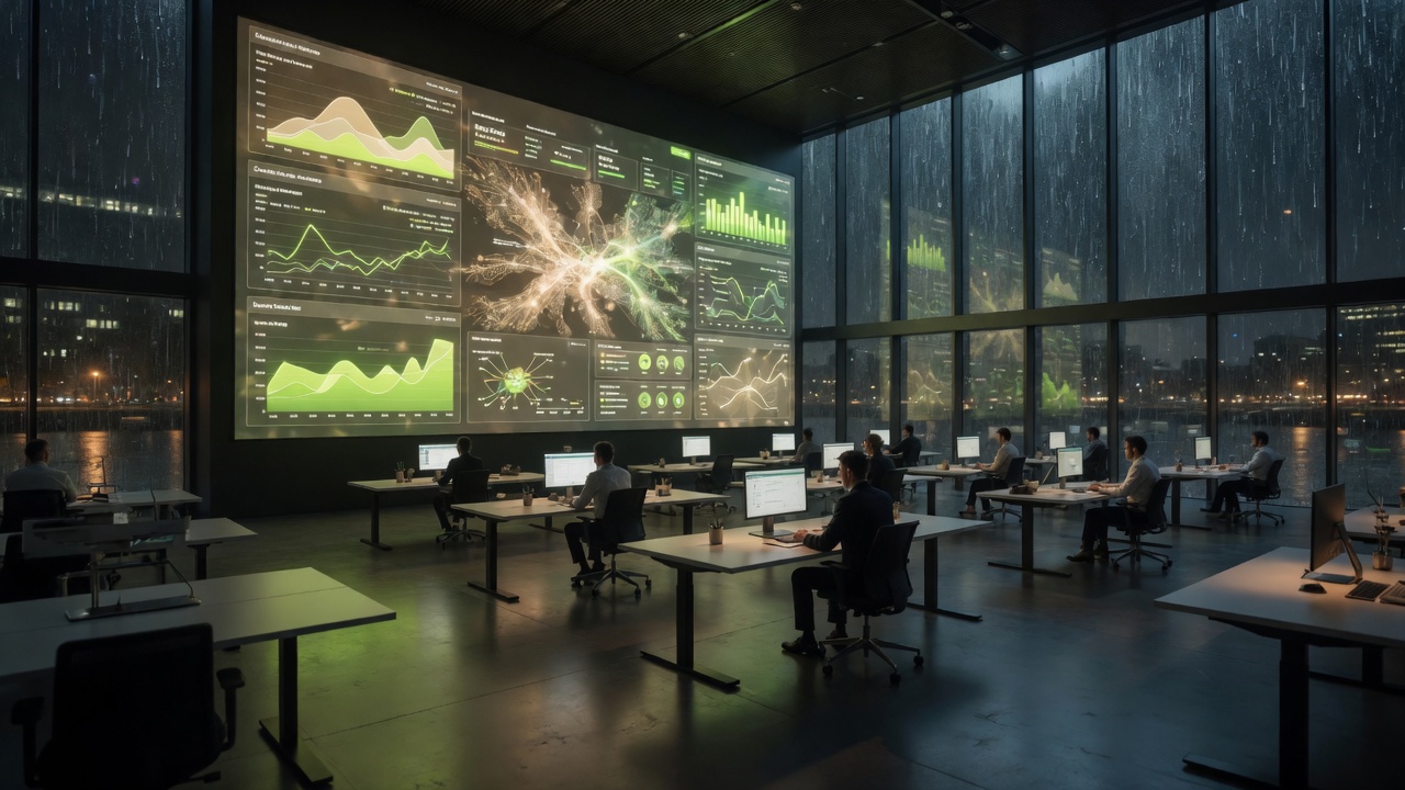 The Floor: a night operations room with a wall of live company dashboards