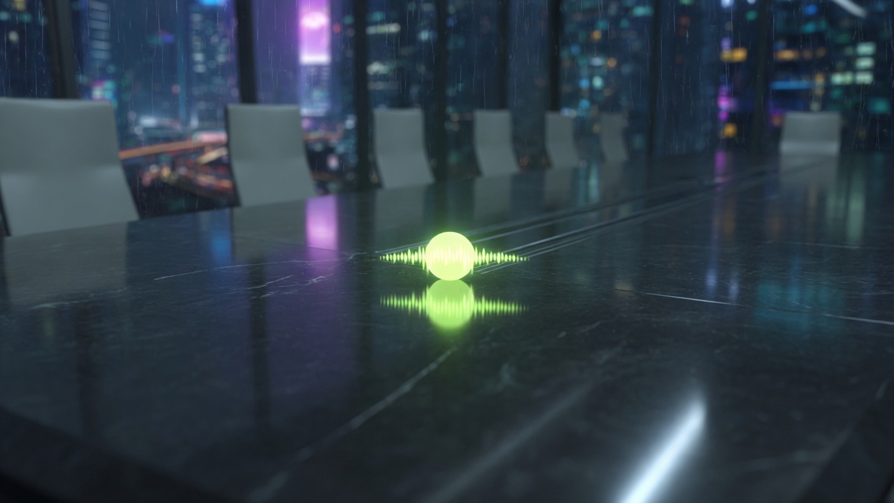 A lime holographic node pulsing on a black stone table